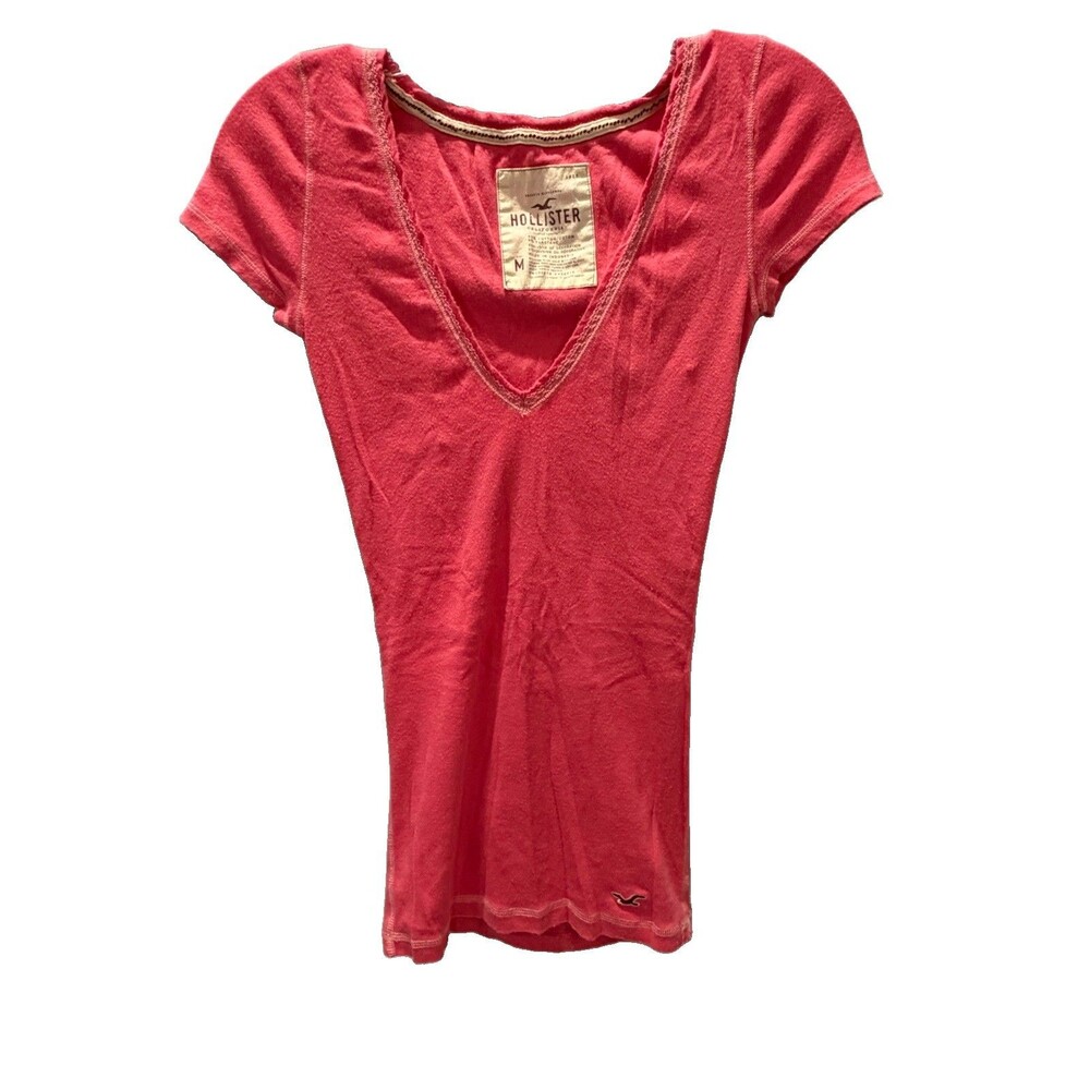 Rare Vintage 90s Y2K Hollister Baby Tee Lace V Neck Trim Pink Medium